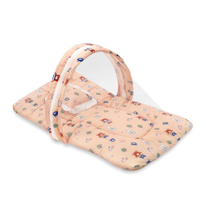 Baby Mosquito Net with Cotton Bed | Zip Closure & Neck Pillow | Mosquito Net for Baby 0-12 Months | Teddy Print Baby Sleeping Bed